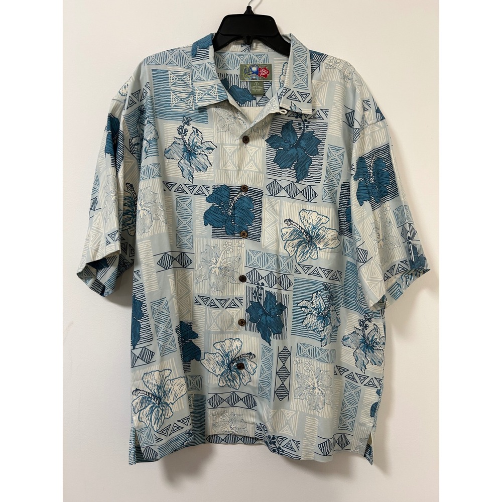 Hilo Hattie‎ Mens Hawaiian Silk Shirt Blue Hibiscus Aloha Print Size L